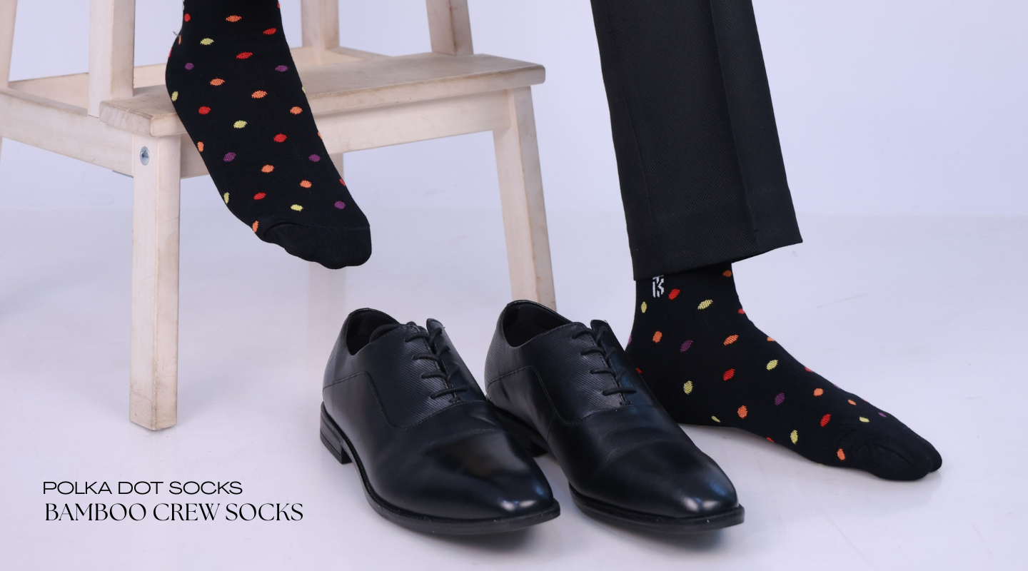 Kikitoes bamboo crew socks with vibrant polka dots for bold everyday style.