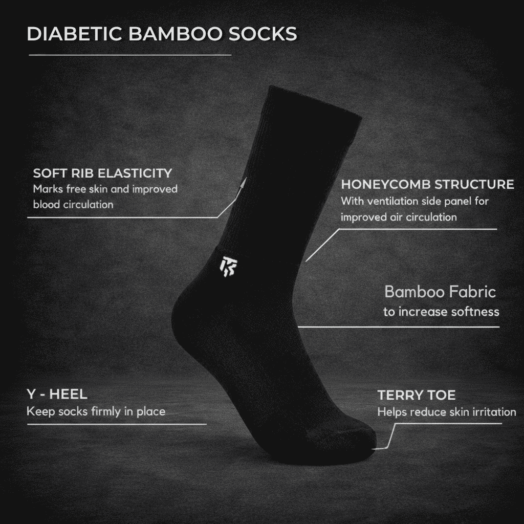 Diabetic bamboo socks with features and beneffits infographic image