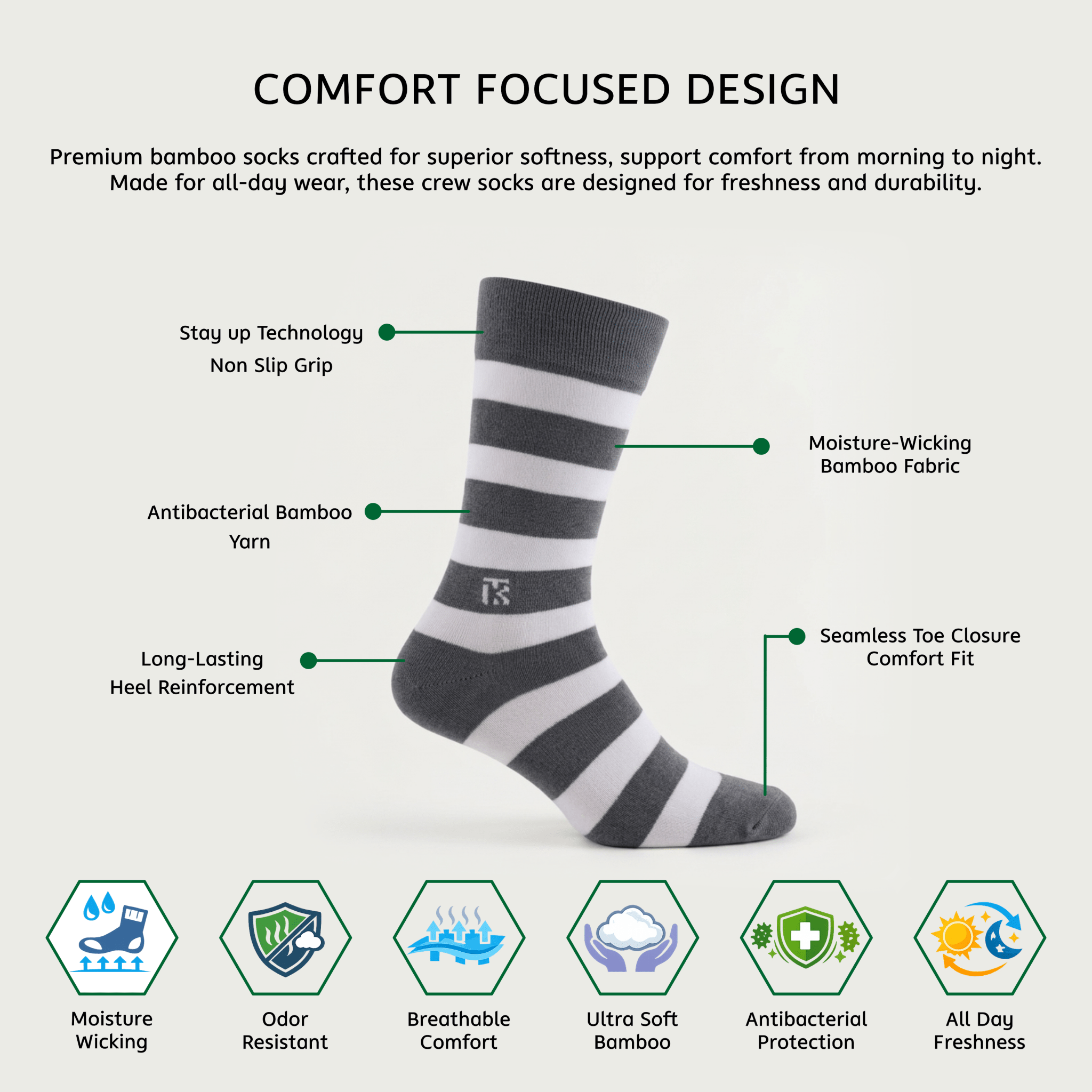 KIKITOES BAMBOO MEN CREW SOCKS | Classic Stripes | Steel Grey with WhiteKikitoes