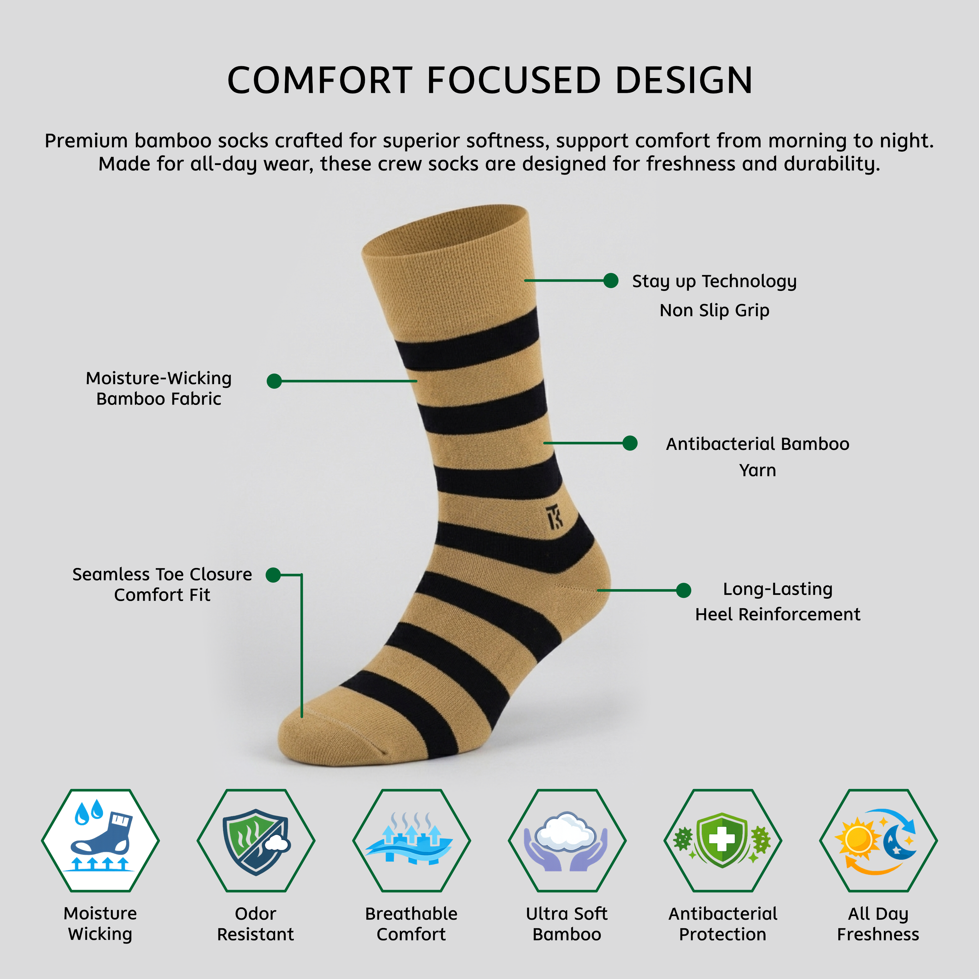 KIKITOES BAMBOO SOCKS | Classic Stripes | Tan with Black | Benefits image