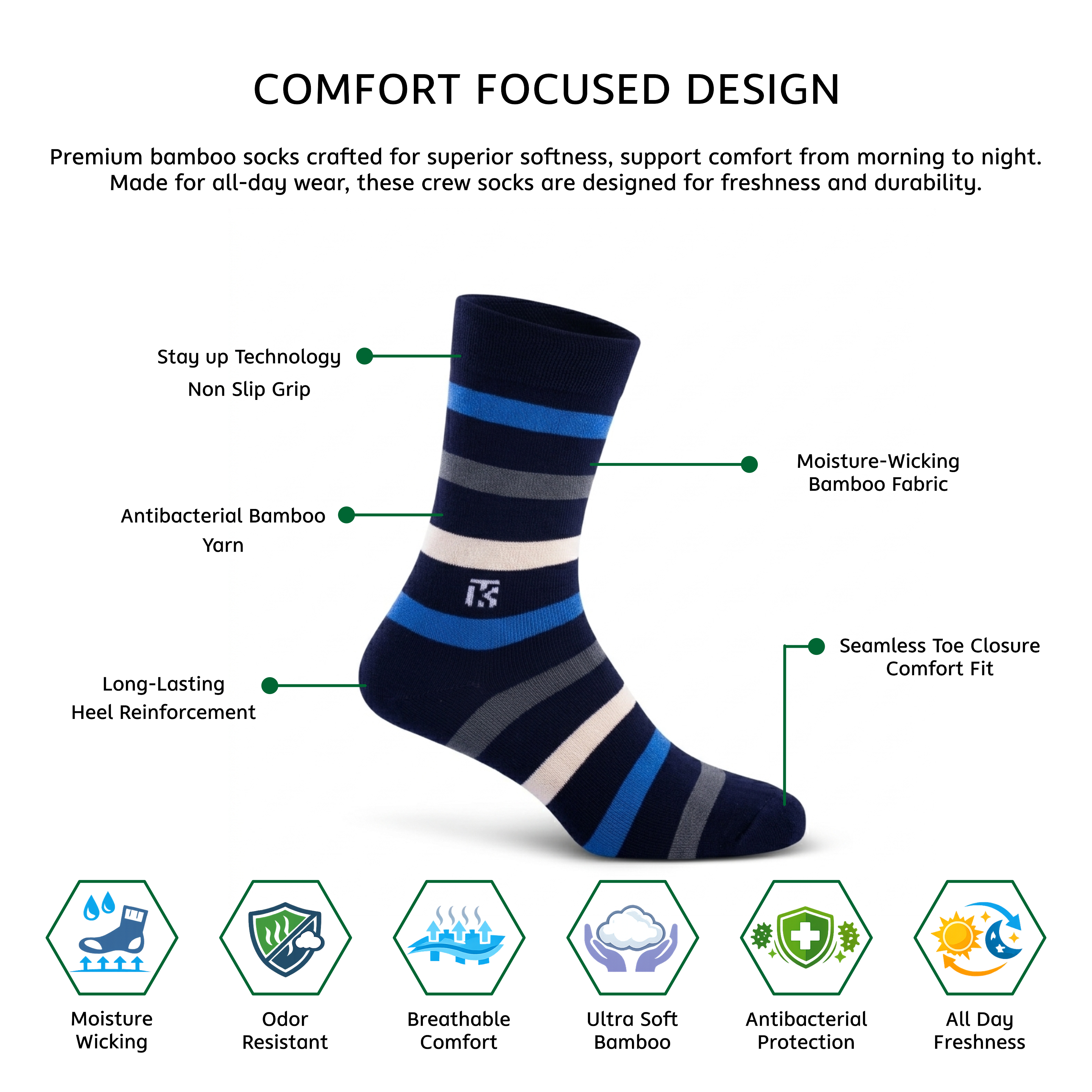 Benefits image of kikitoes bamboo socks, multi-striped socks navy cloud