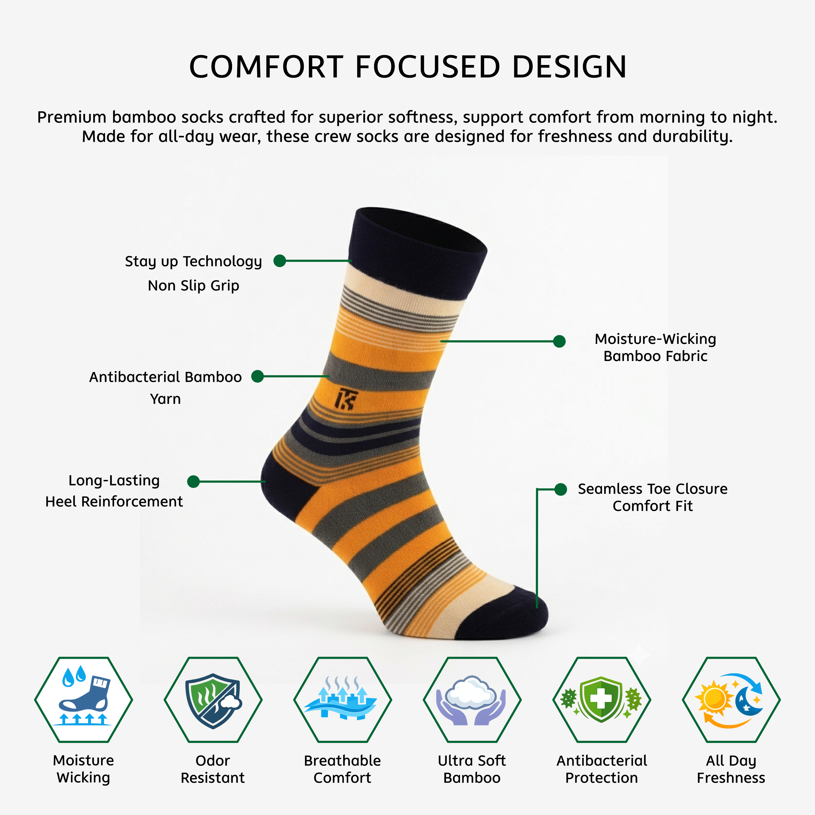 Fusion Stripe | Navy Blue with Beige, Grey, and Orange | Benefits image