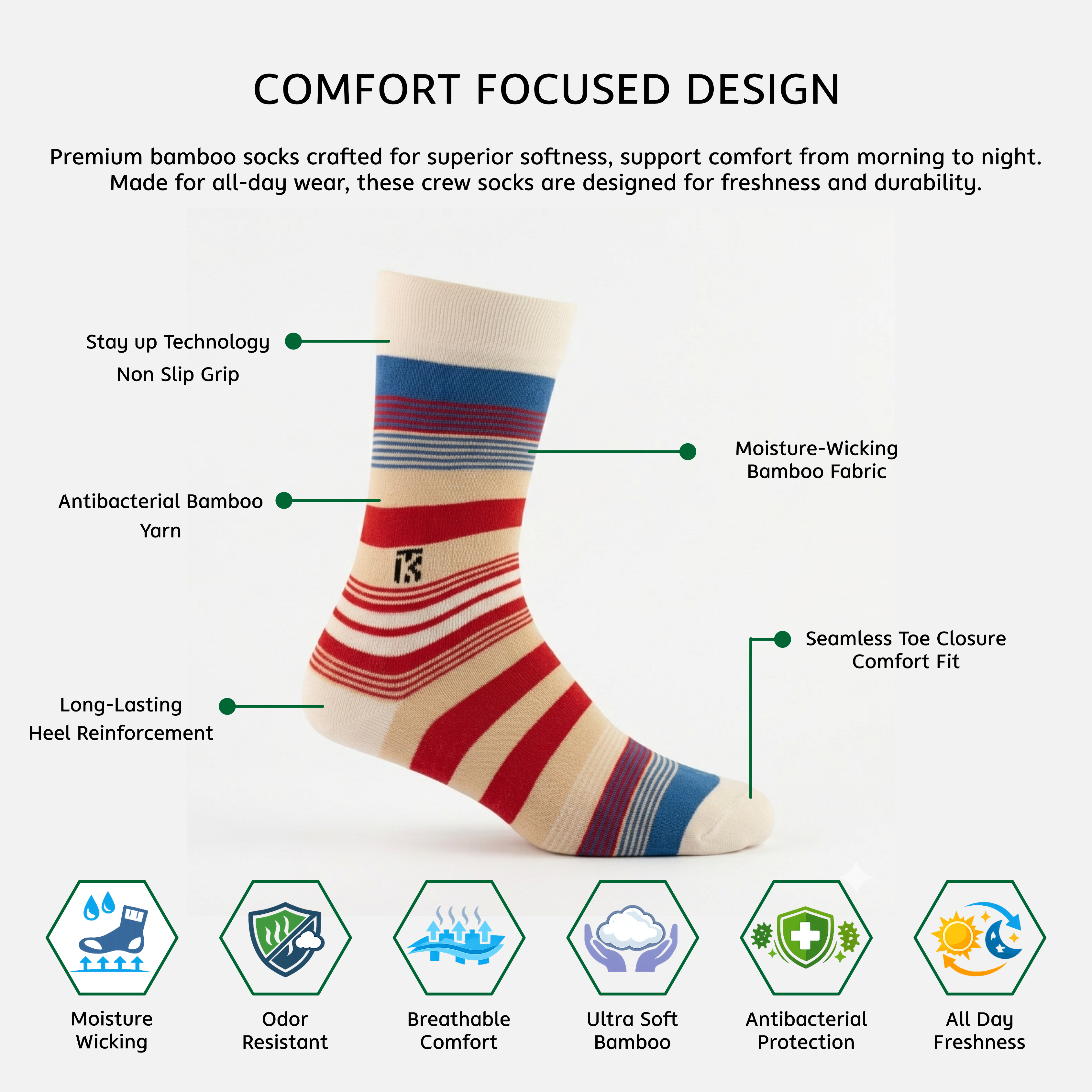 Crew Socks | Crew Length Socks | Stripe Socks | Long Socks | Benefits