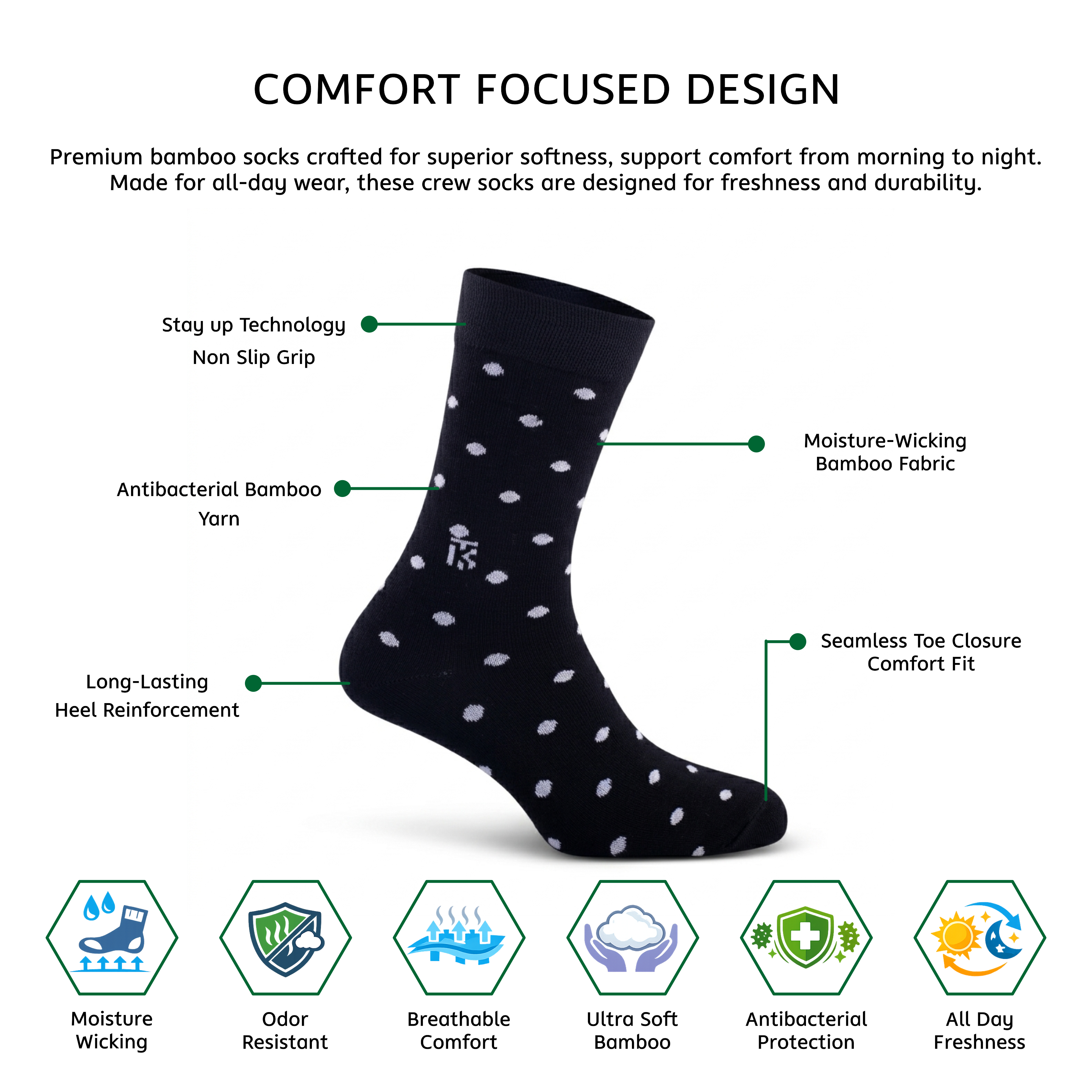 KIKITOES BAMBOO MEN CREW SOCKS | Contrast Polka