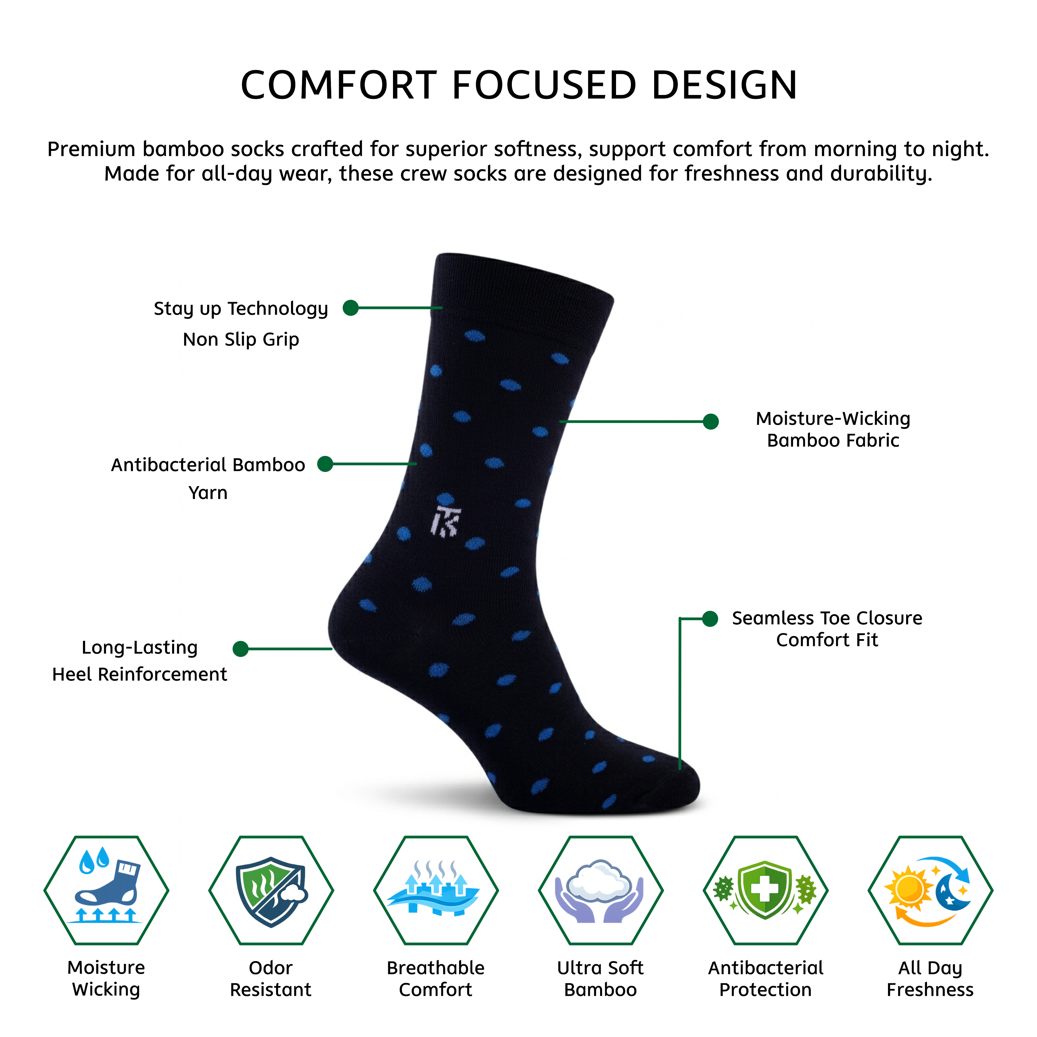 Infographics contrast black and blue polka bamboo socks for men, stylish crew socks with breathable fabric, soft stretch fit, and moisture-wicking comfort for everyday wear.