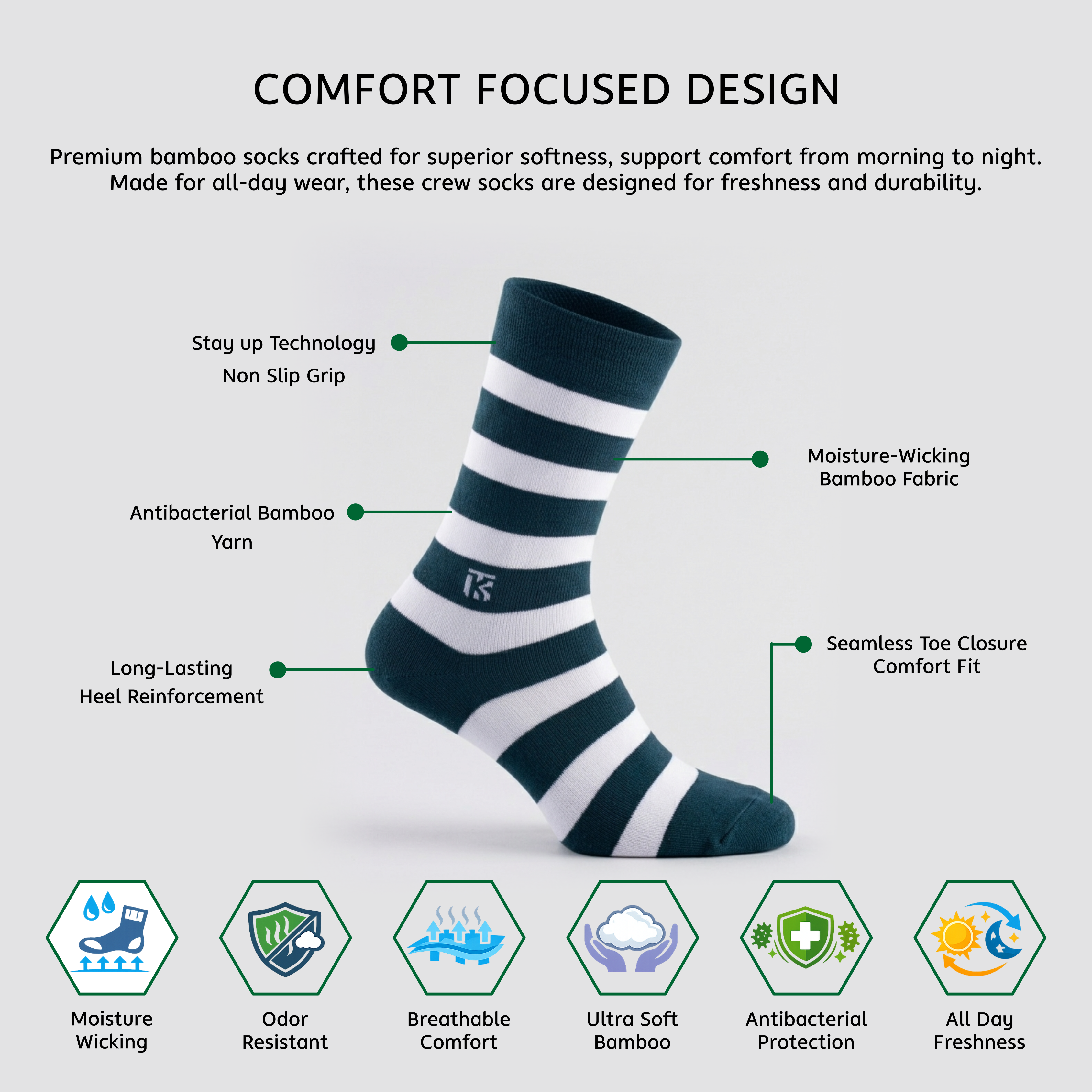 KIKITOES BAMBOO MEN CREW SOCKS | Classic Stripes | Forest Dash