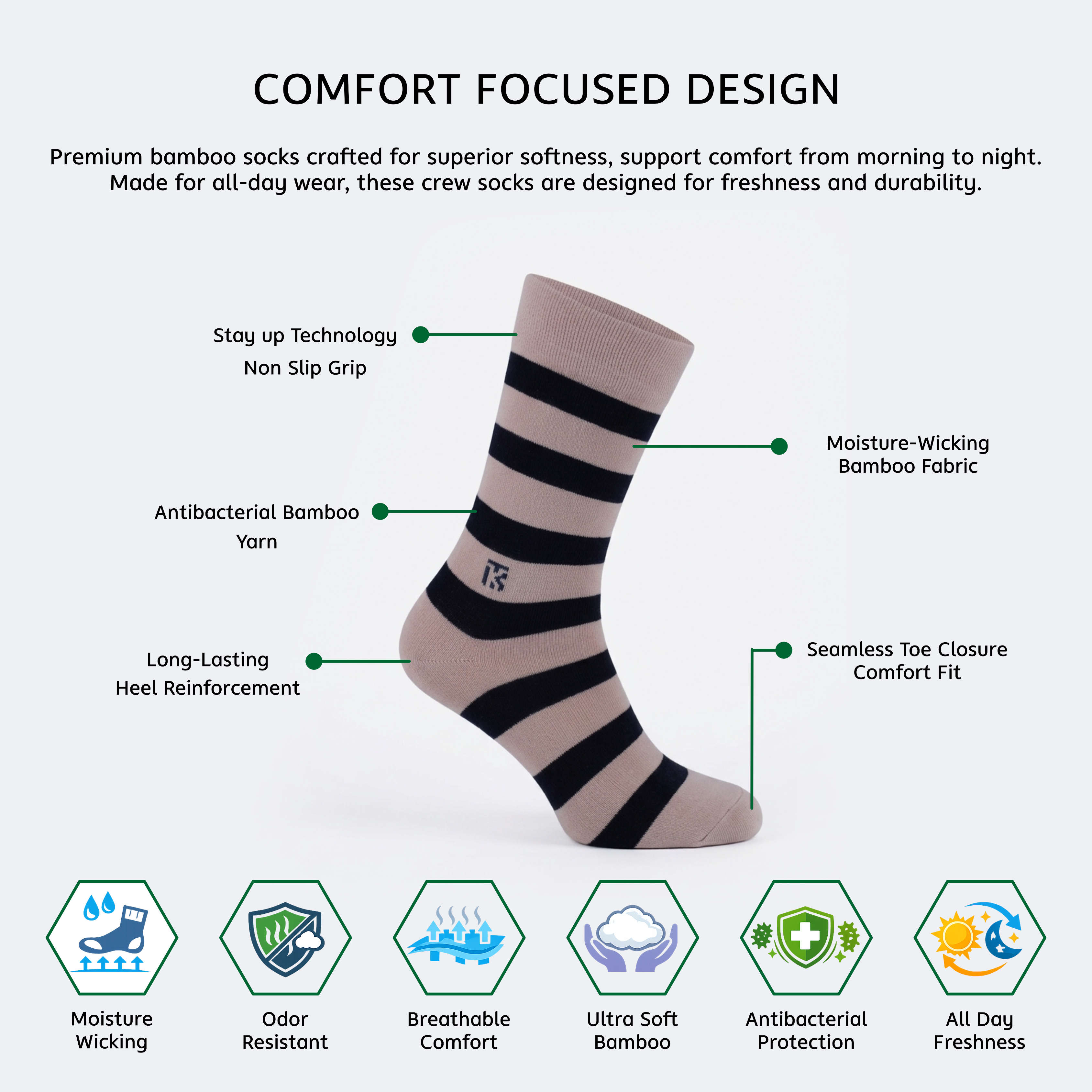 KIKITOES BAMBOO SOCKS | Classic Stripes | Beige with Navy Blue | Benefits Image