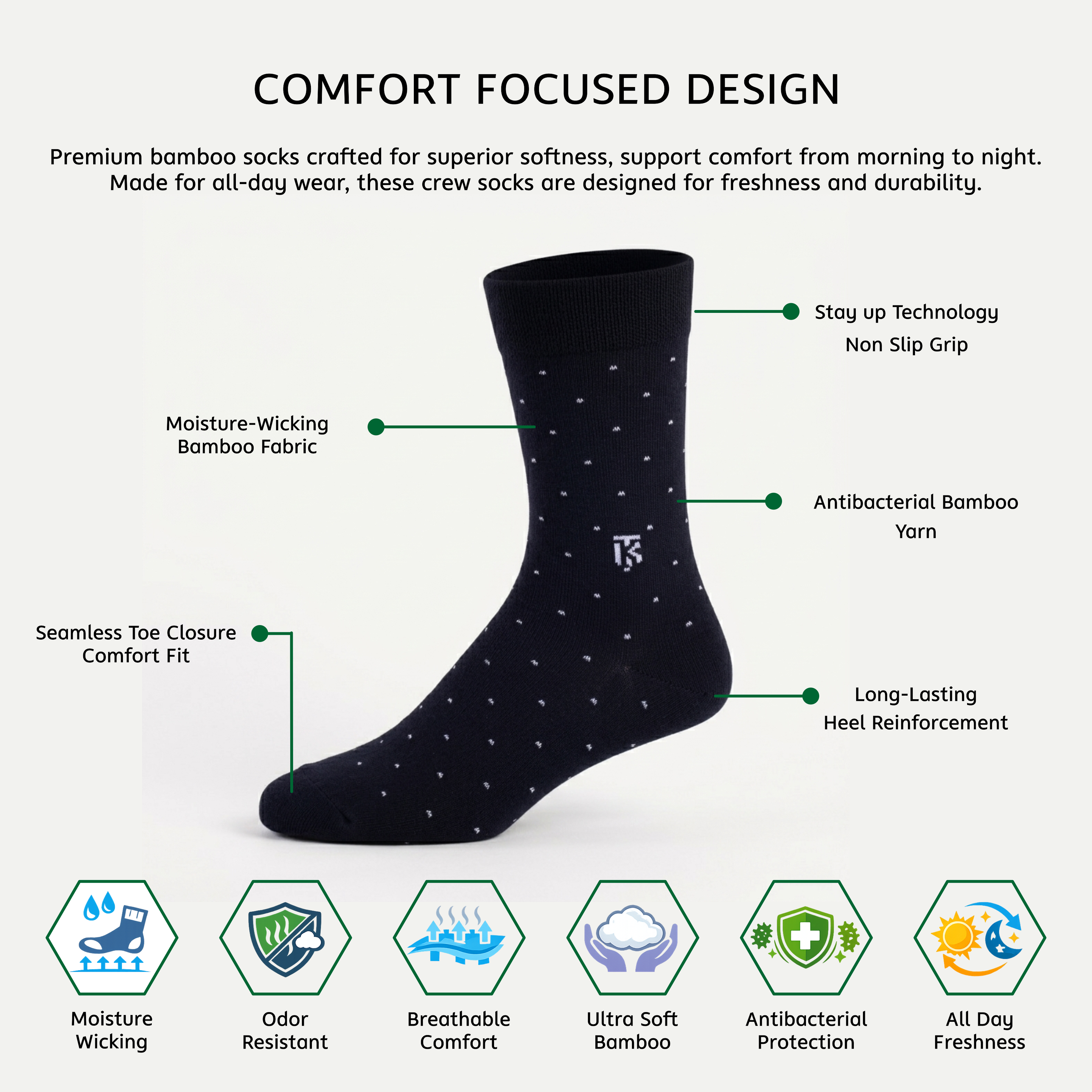 KIKITOES BAMBOO SOCKS | Midnight Dot | Benefits Image