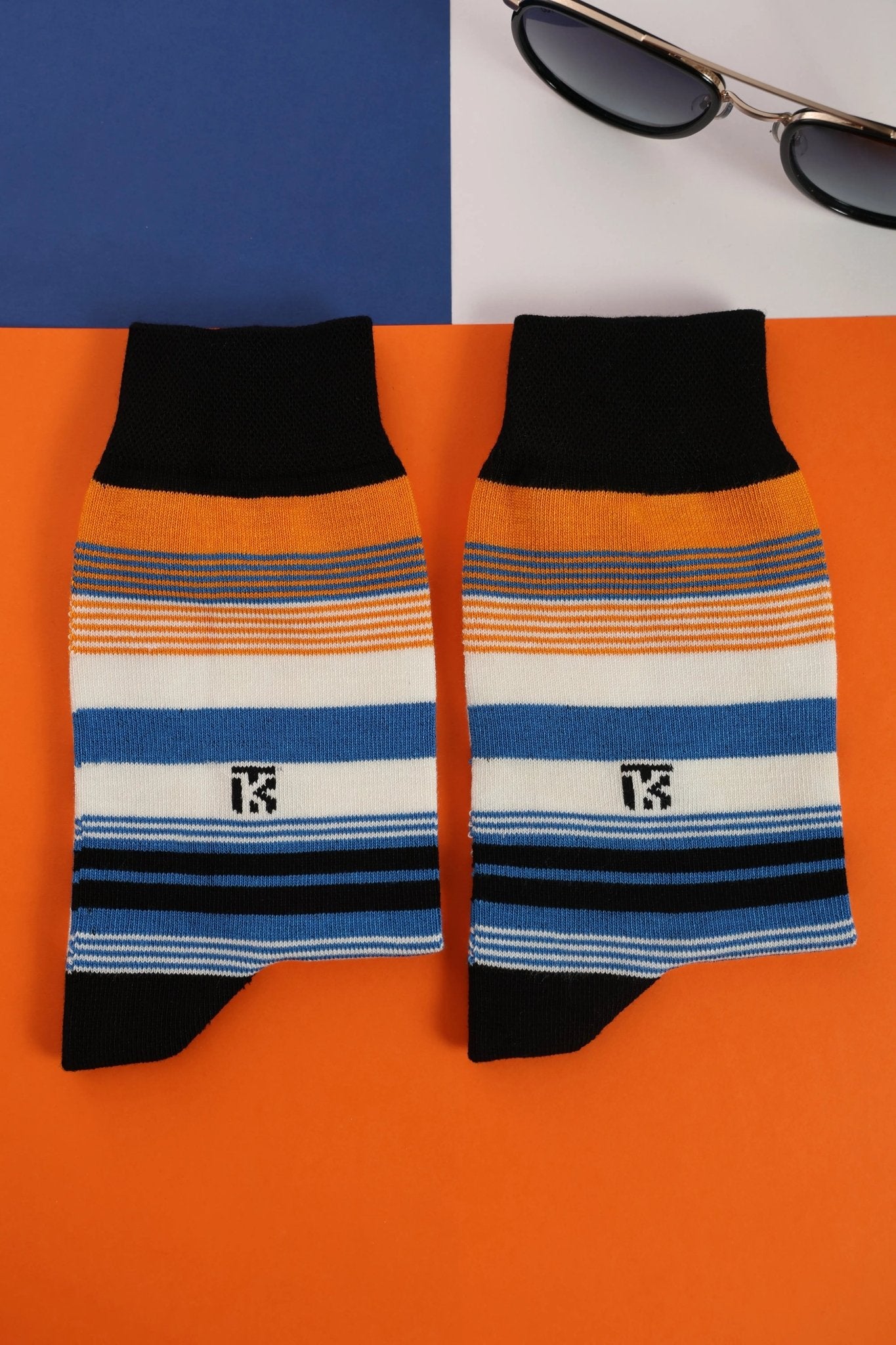 KIKITOES BAMBOO MEN CREW SOCKS | Fusion Stripe | Black with Orange, Royal Blue, and WhiteKikitoes