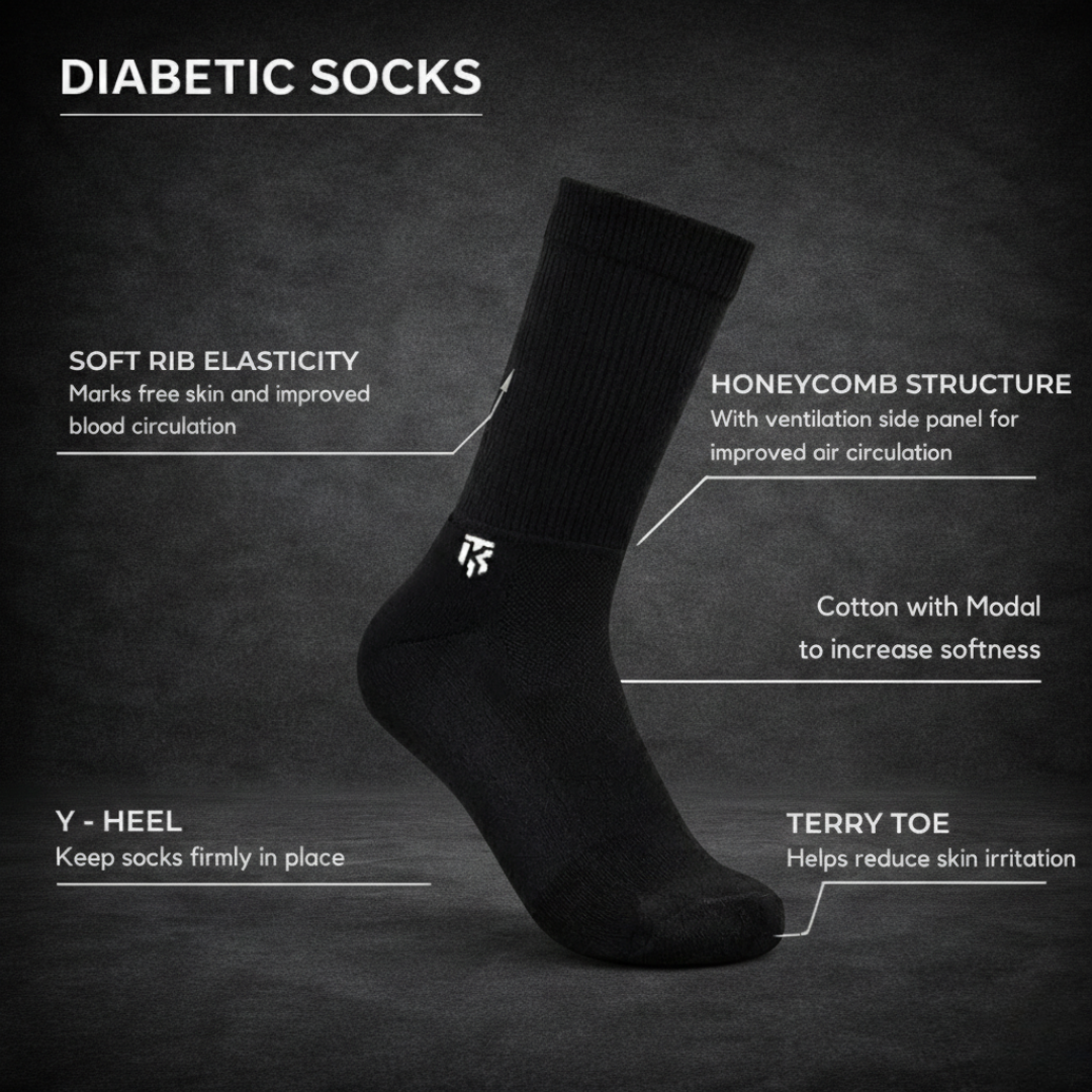Premium diabetic socks with a sleek black design featuring soft rib elasticity, breathable honeycomb ventilation, and cushioned toe support—crafted with ultra-soft bamboo sock fabric for enhanced comfort, airflow, and all-day foot protection.