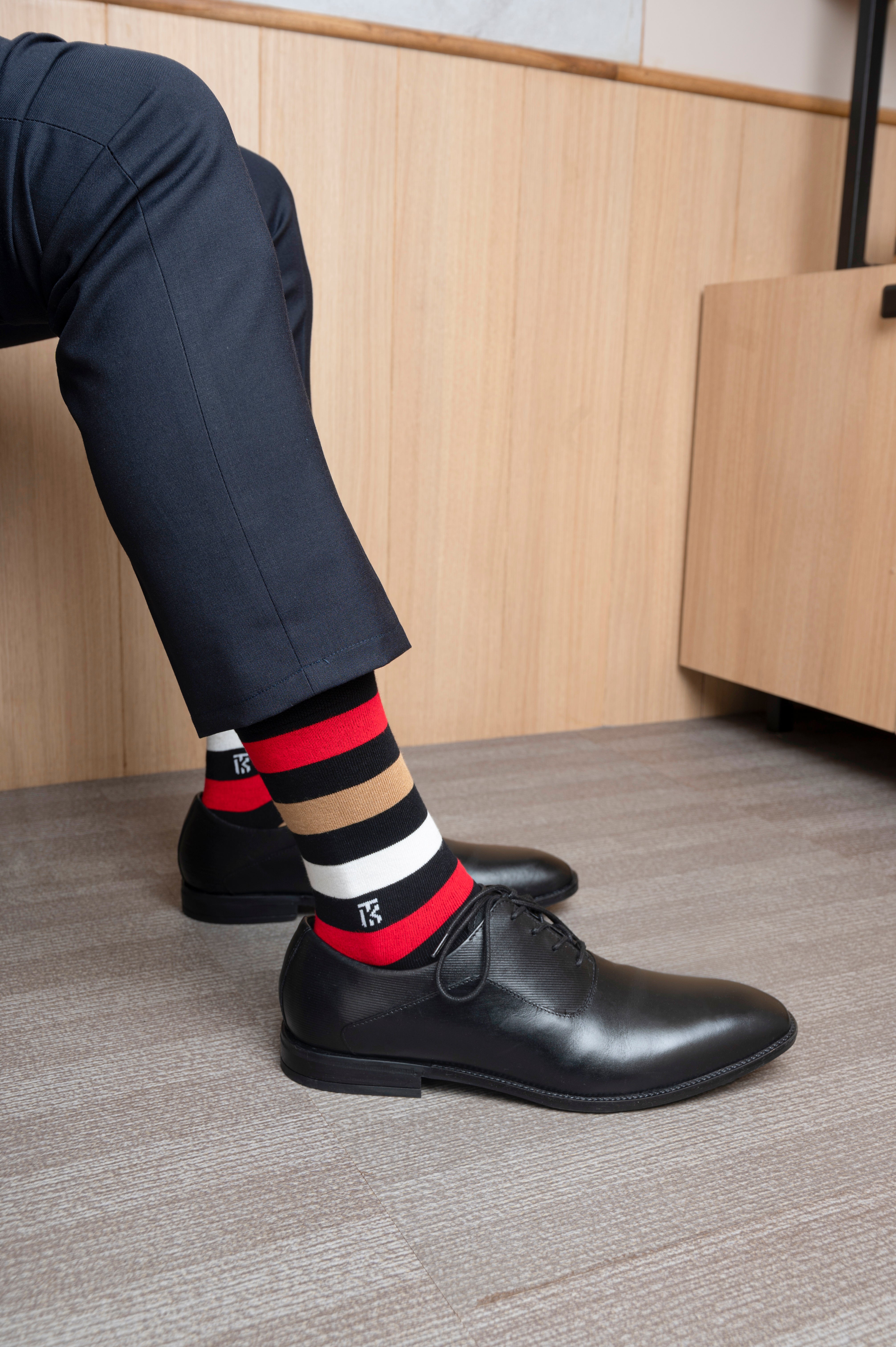 Bamboo Socks Pair | Kikitoes Crew Length Socks | Black Colour with Red, Tan & White Stripes Sports Socks for Men