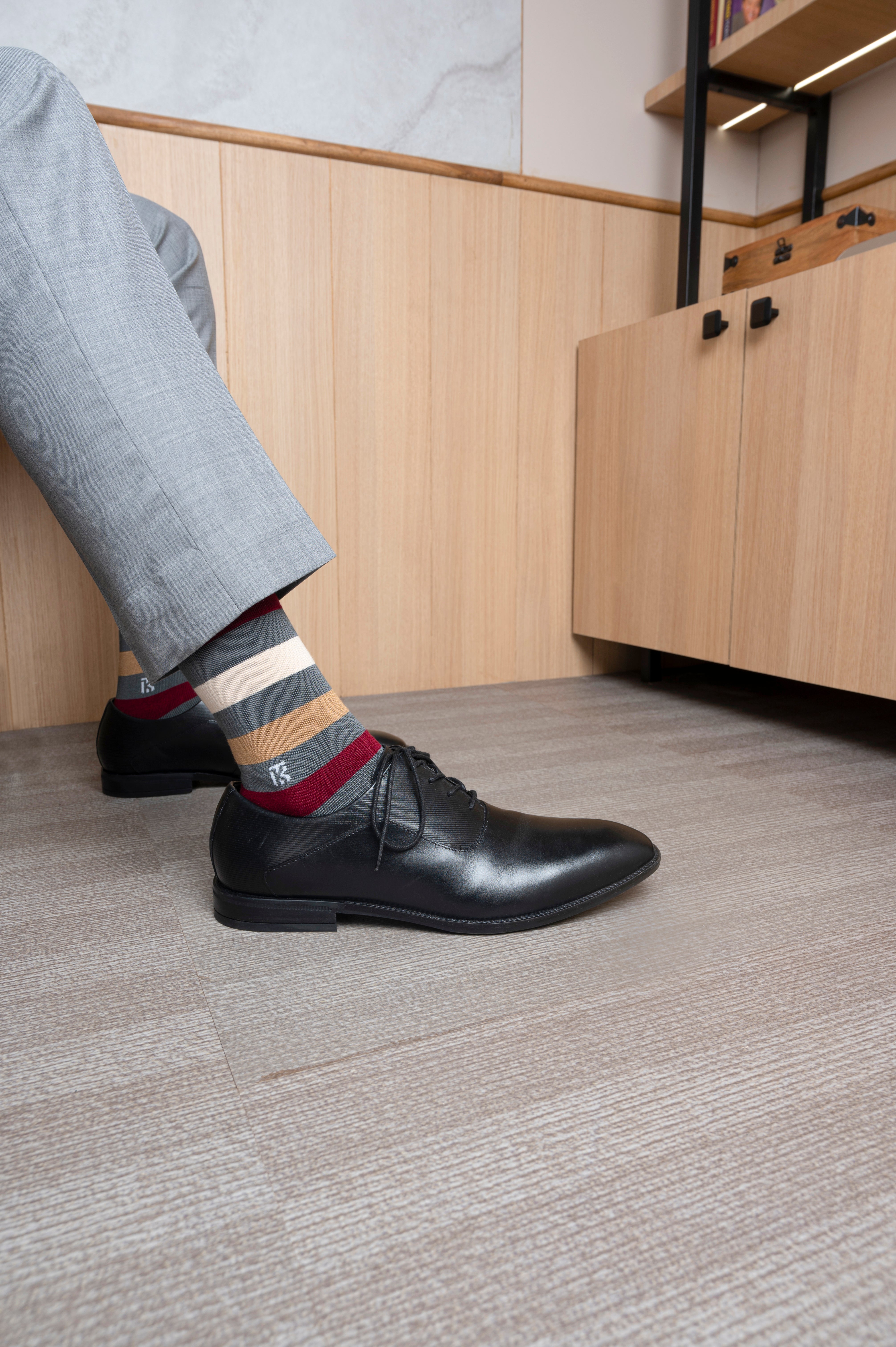 Bamboo Socks Pair  | Kikitoes Crew Length Socks | Steel Grey Colour with Marron, Beige & Brown Stripes  Socks for Men | KIKI0017