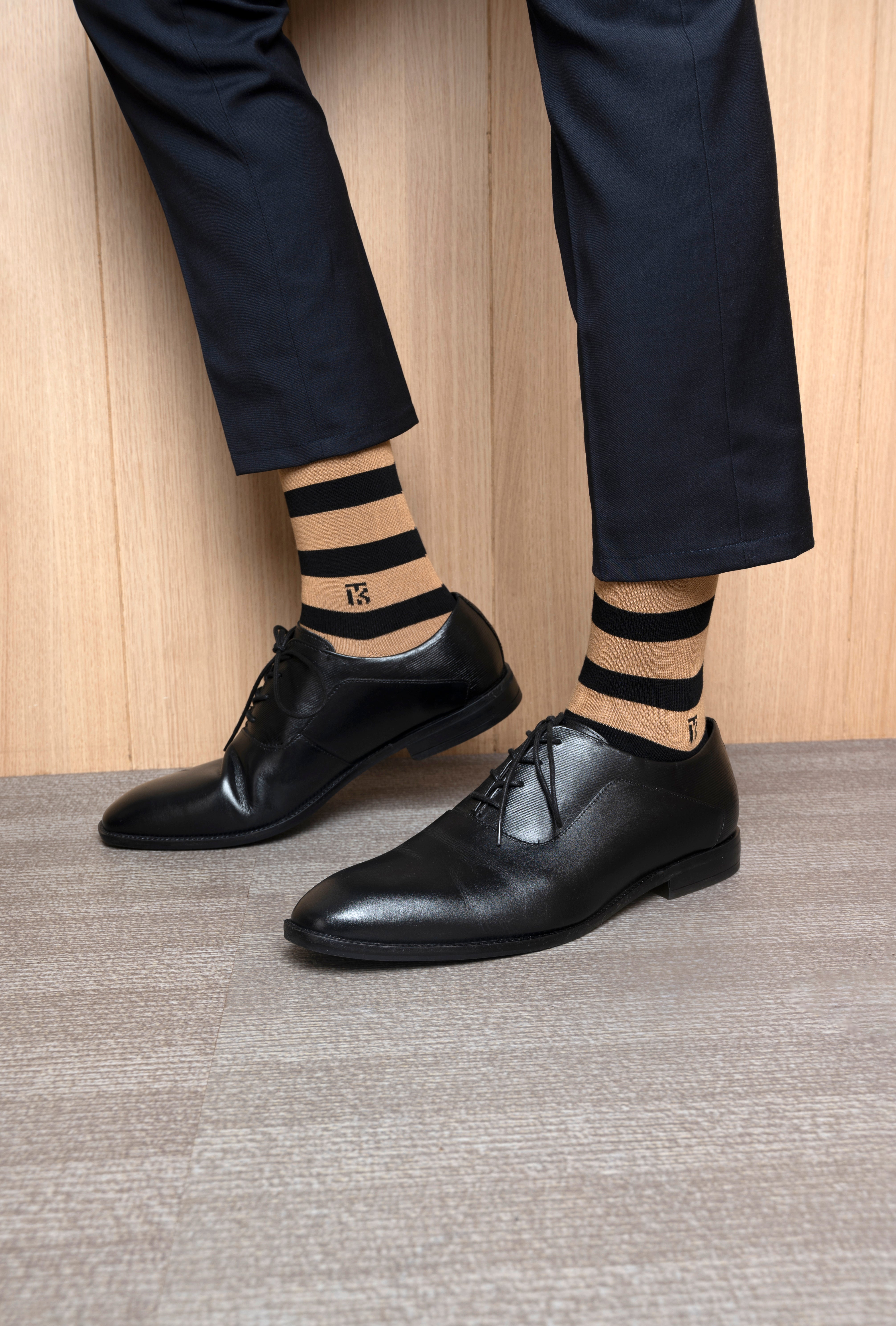 Bamboo Socks Pair | Kikitoes Crew Length Socks | Tan Colour with Black Stripes Sports Socks for Men