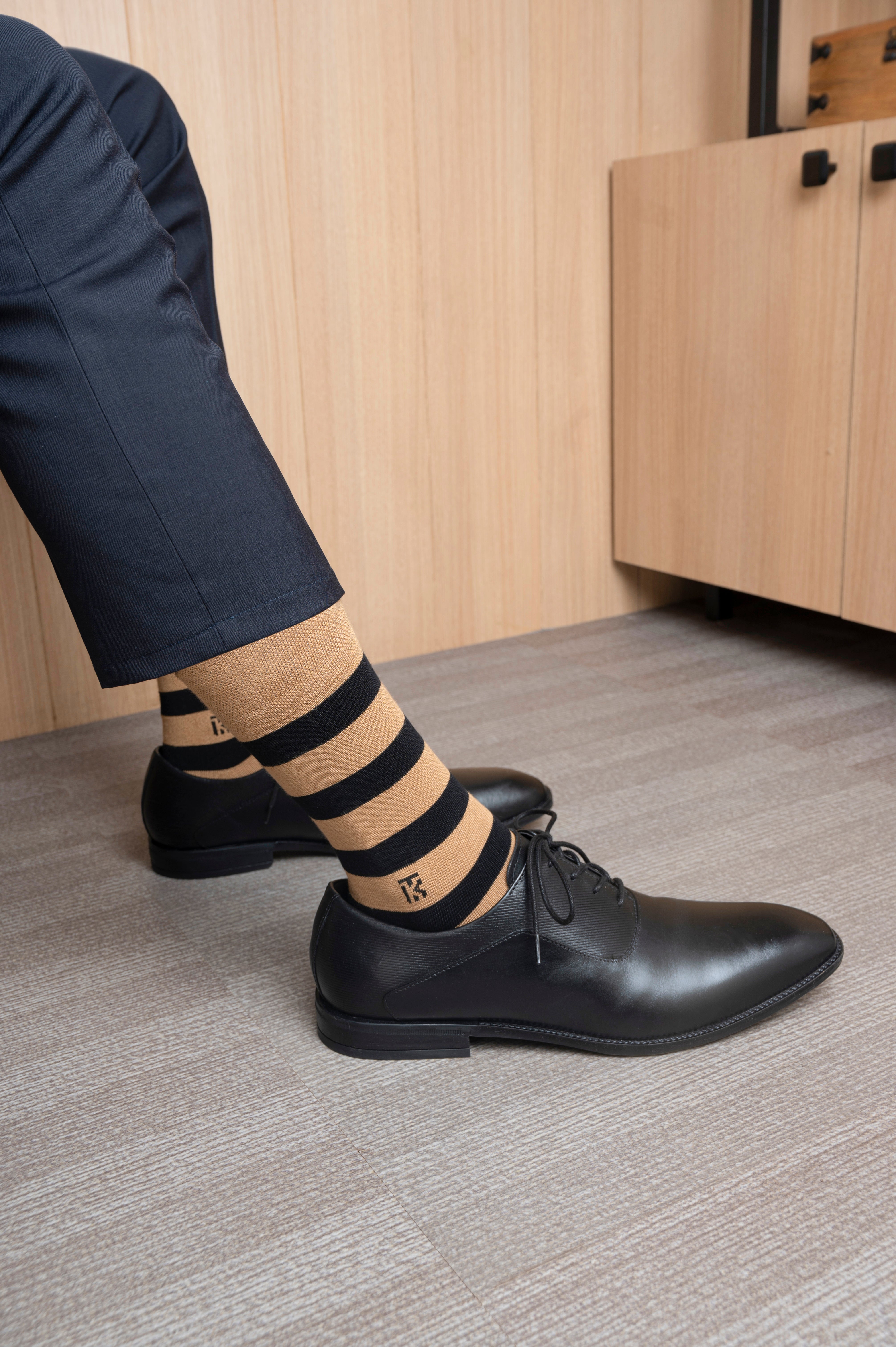 Bamboo Socks Pair |  Kikitoes Crew Length Socks | Tan Colour with Black Stripes Socks for Men | KIKI0018