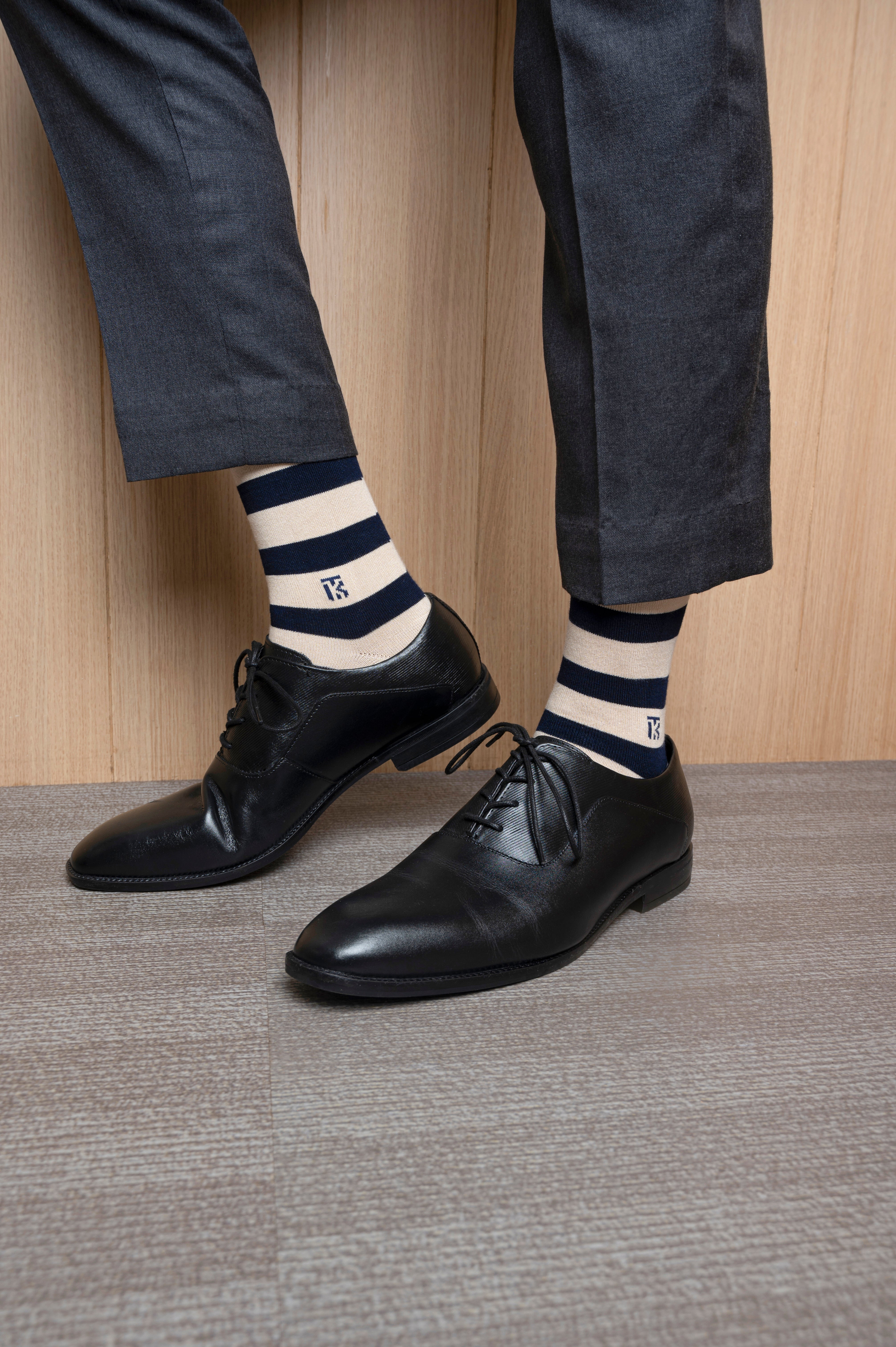 Bamboo Socks Pair | Kikitoes Crew Length Socks | Beige Colour with Navy Blue Stripes Sports Socks for Men