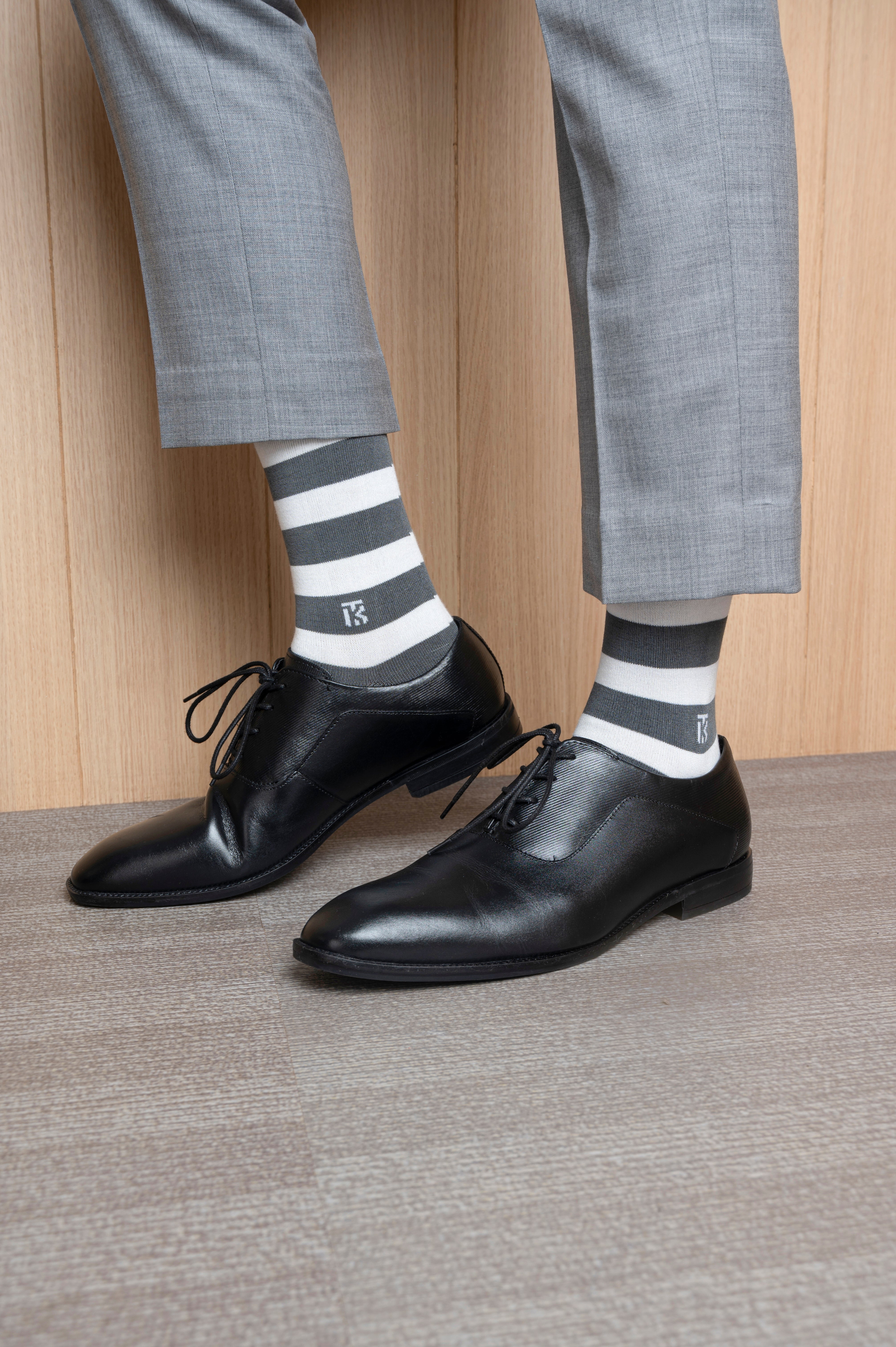 Bamboo Socks Pair |Kikitoes Crew Length Socks | Steel Grey Colour with White Stripes Sports Socks for Men