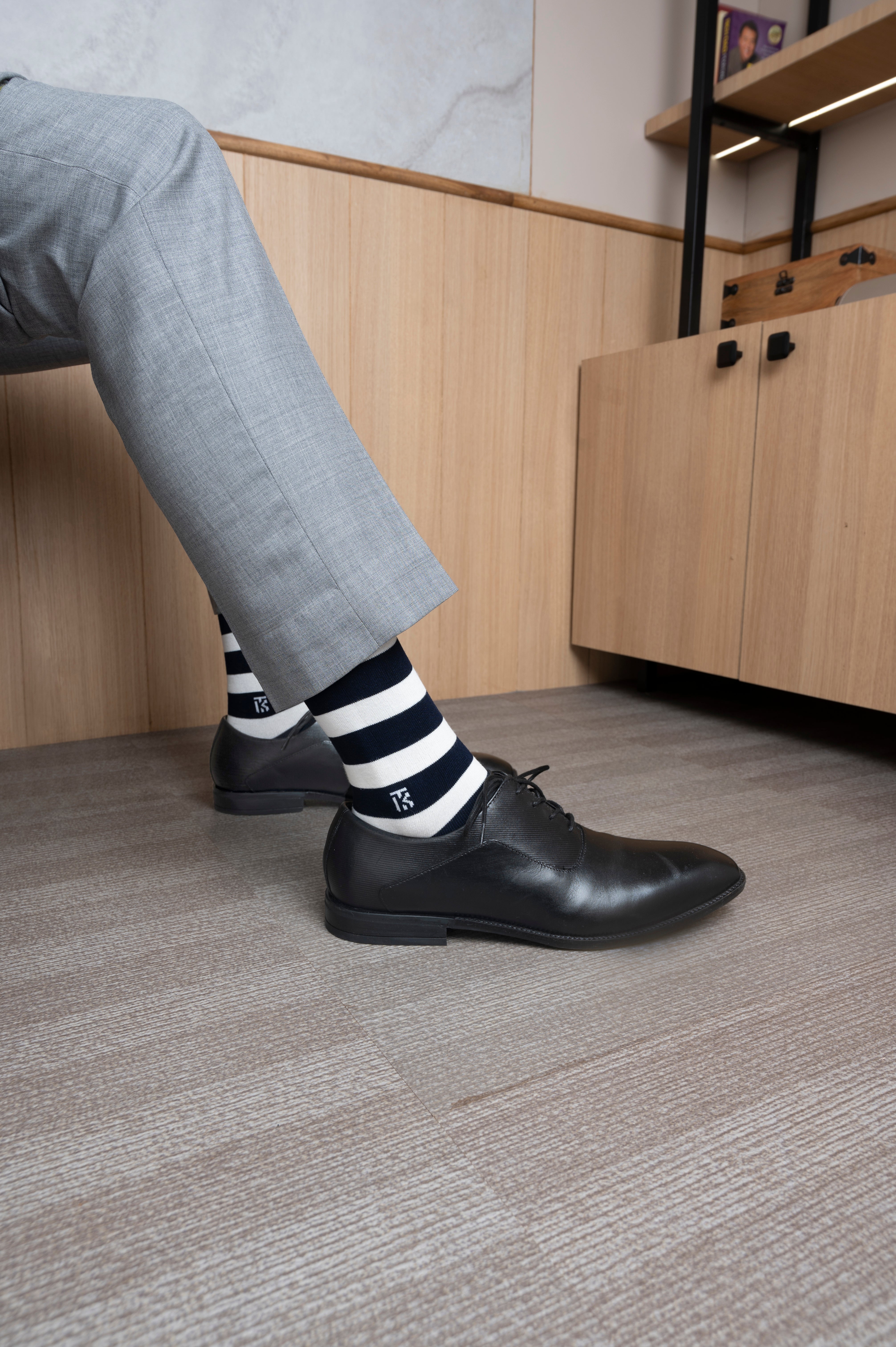 Bamboo Socks Pair  | Kikitoes Crew Length Socks | Navy Blue Colour with White Stripes Sports Socks for Men