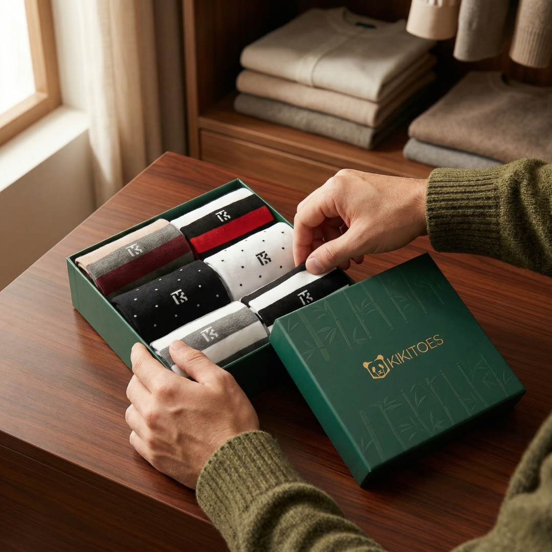 Premium gift box being opened on a wooden table, revealing a neatly arranged set of bamboo socks for men in multiple colors and patterns, with a stylish branded box design, creating a perfect luxury gifting experience.