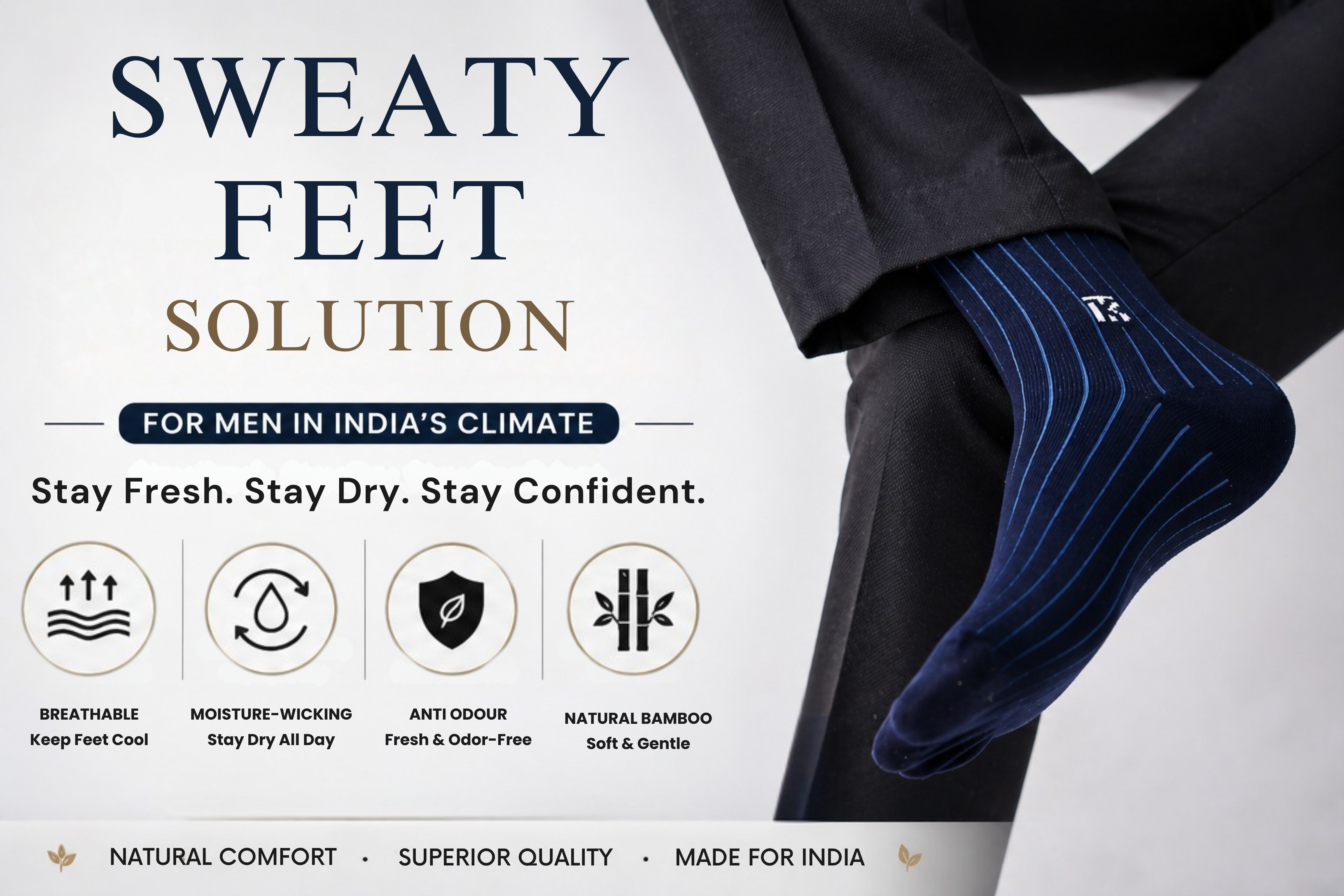 Sweaty feet solution banner featuring a man wearing dark blue striped bamboo socks, highlighting breathable, moisture-wicking, anti-odour, and natural bamboo properties, designed for comfort in India’s climate.
