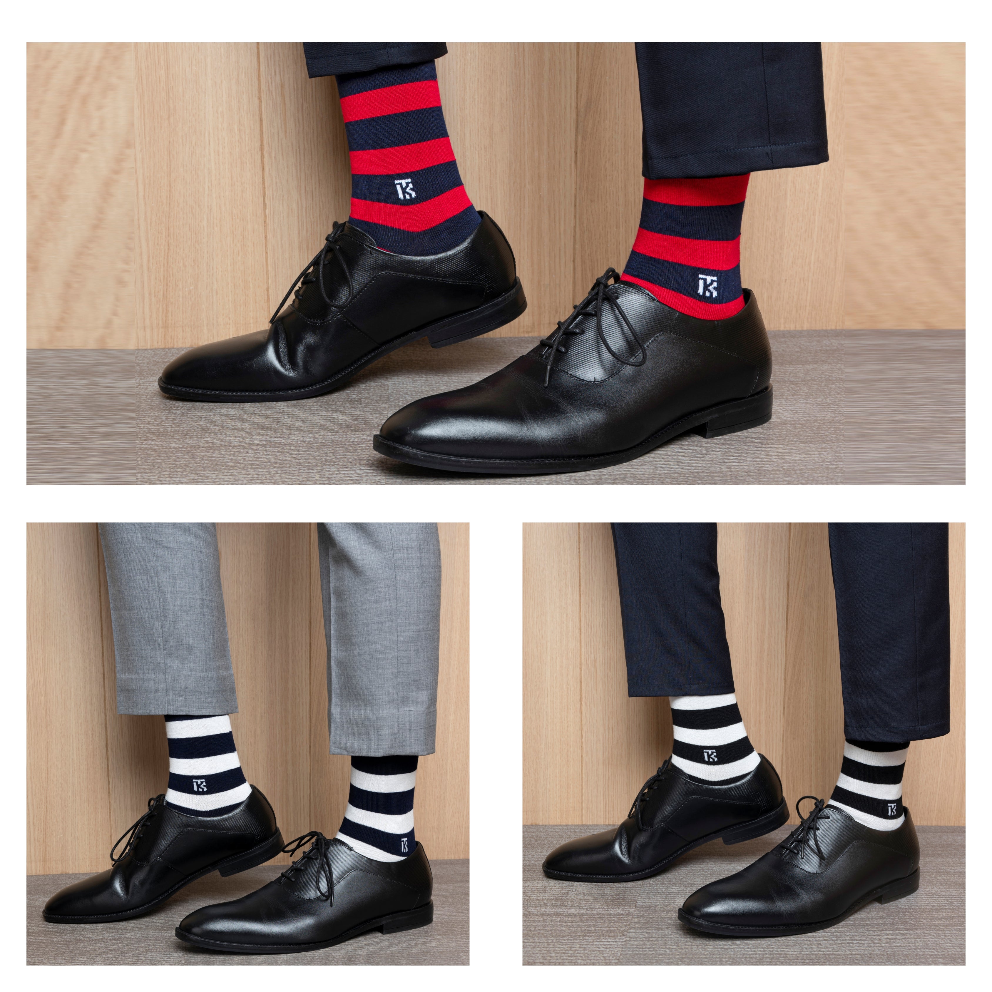 Bamboo Socks Pair | Kikitoes Crew Length Socks | Navy Blue+White / Navy Blue+Red / Black+White Stripe Colours | Socks for Men | KIKI009C