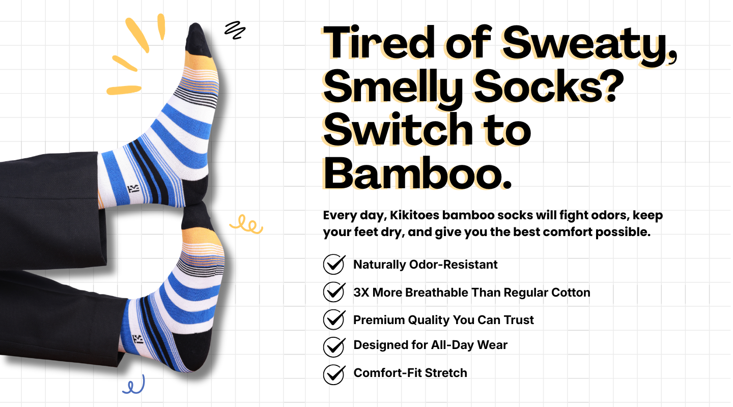 Kikitoes premium bamboo socks for men are naturally breathable, moisture-wicking, and odor-resistant. Designed for comfort-fit stretch and all-day freshness.