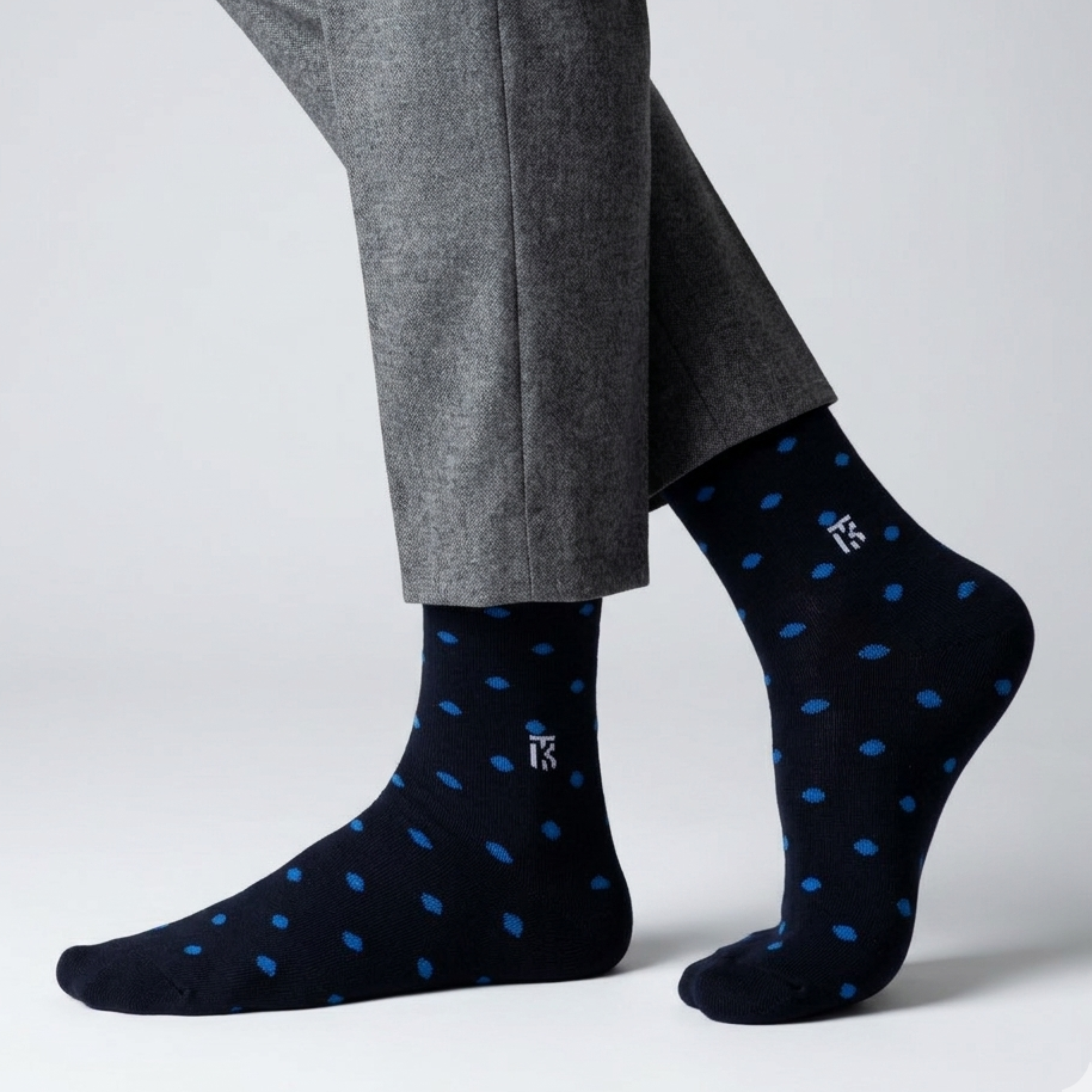 Contrast polka black and blue bamboo socks for men, stylish crew socks with breathable fabric, soft stretch fit, and moisture-wicking comfort for everyday wear.